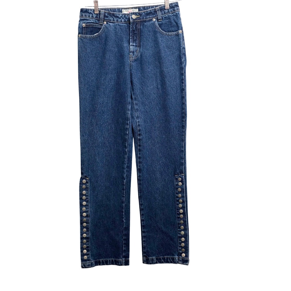 Fox Fire Womens Studded Side Slit High Waisted Straight Leg Jeans‎ Dark Wash 9